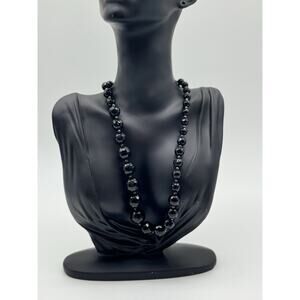 Vintage 24” Black Faceted Bead Necklace Sterling 925 Toggle Graduated Statement